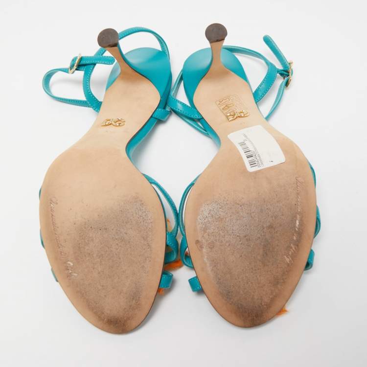 Pre Owned Dolce & Gabbana Blue Leather Bow Ankle Strap Sandals Size 38