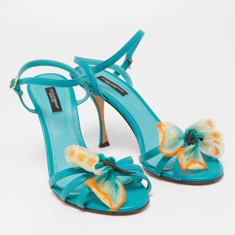 Pre Owned Dolce & Gabbana Blue Leather Bow Ankle Strap Sandals Size 38