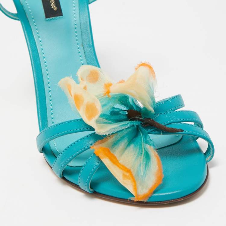 Pre Owned Dolce & Gabbana Blue Leather Bow Ankle Strap Sandals Size 38