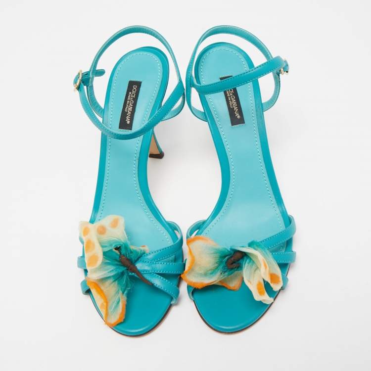 Pre Owned Dolce & Gabbana Blue Leather Bow Ankle Strap Sandals Size 38