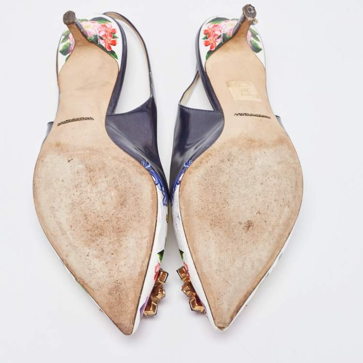 مملوكة مسبقًا Dolce & Gabbana Multicolor Printed Leather Crystal Embellished Slingback Pumps Size 37 