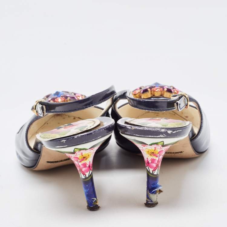 مملوكة مسبقًا Dolce & Gabbana Multicolor Printed Leather Crystal Embellished Slingback Pumps Size 37 