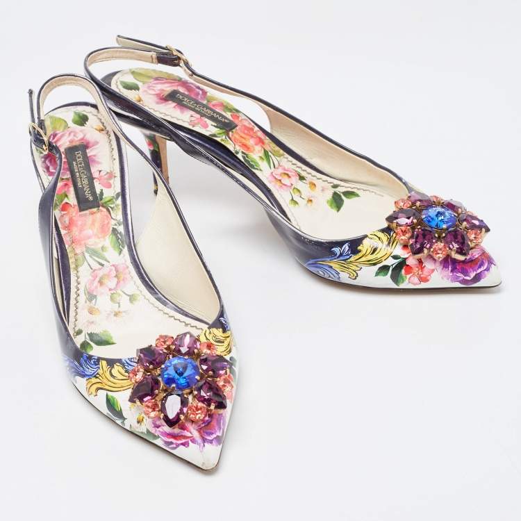 مملوكة مسبقًا Dolce & Gabbana Multicolor Printed Leather Crystal Embellished Slingback Pumps Size 37 