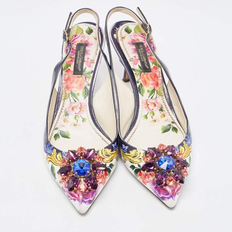 مملوكة مسبقًا Dolce & Gabbana Multicolor Printed Leather Crystal Embellished Slingback Pumps Size 37 