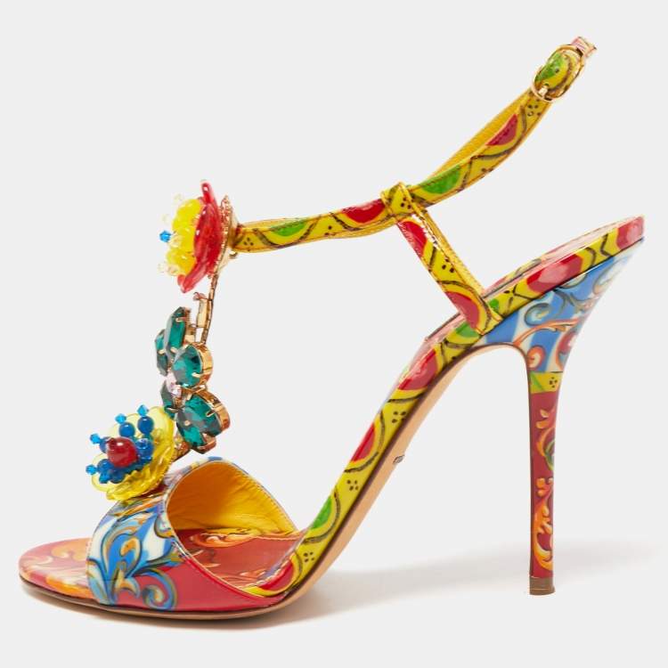 مملوكة مسبقًا Dolce & Gabbana Multicolor Patent Brocade Ankle Strap Sandals Size 41
