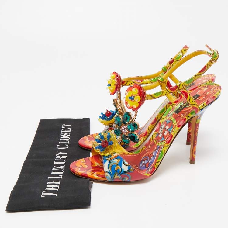 مملوكة مسبقًا Dolce & Gabbana Multicolor Patent Brocade Ankle Strap Sandals Size 41
