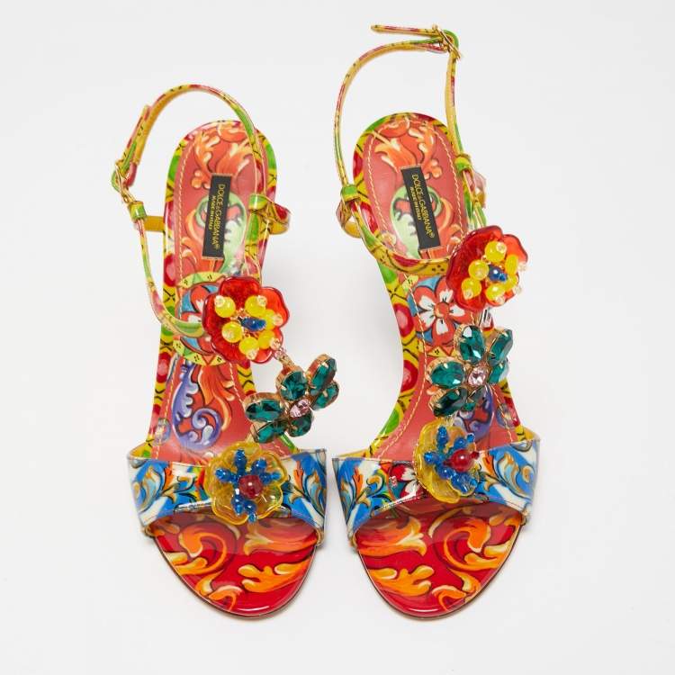 مملوكة مسبقًا Dolce & Gabbana Multicolor Patent Brocade Ankle Strap Sandals Size 41