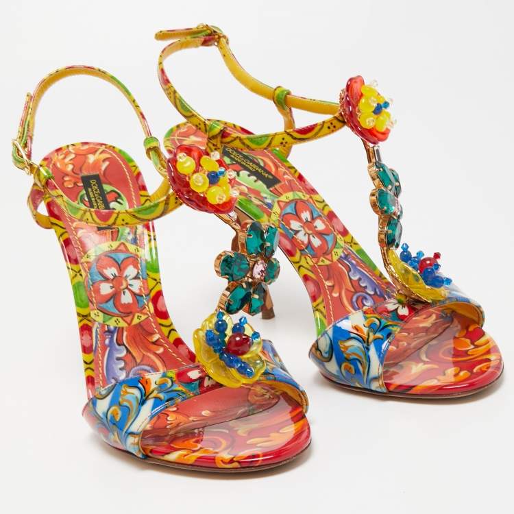 مملوكة مسبقًا Dolce & Gabbana Multicolor Patent Brocade Ankle Strap Sandals Size 41