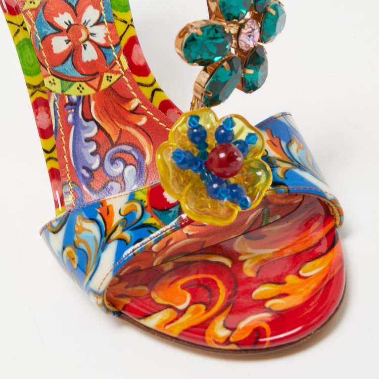 مملوكة مسبقًا Dolce & Gabbana Multicolor Patent Brocade Ankle Strap Sandals Size 41