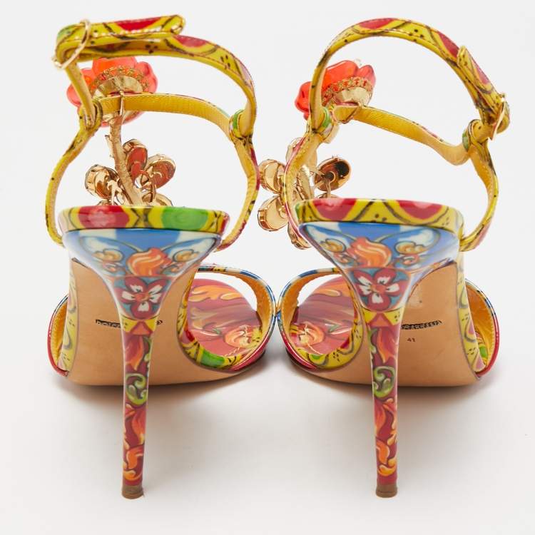 مملوكة مسبقًا Dolce & Gabbana Multicolor Patent Brocade Ankle Strap Sandals Size 41
