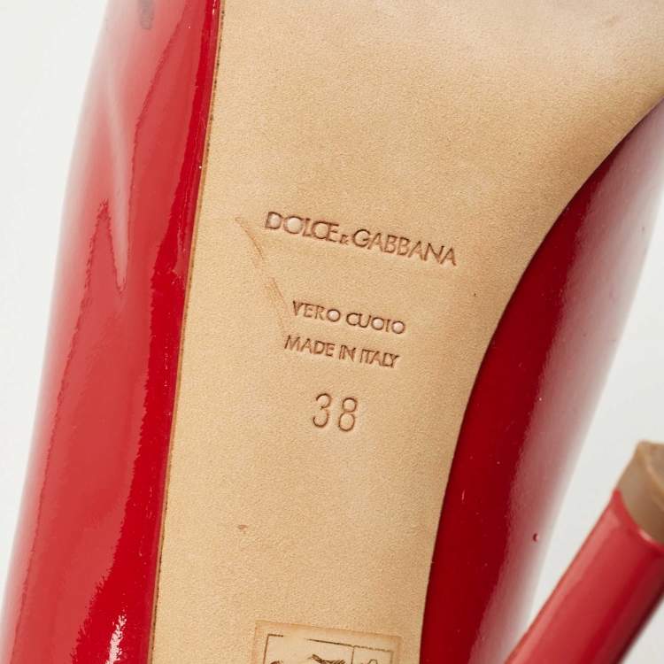 مملوكة مسبقًا Dolce & Gabbana Red Patent Leather Bow Peep Toe Platform Pumps Size 38
