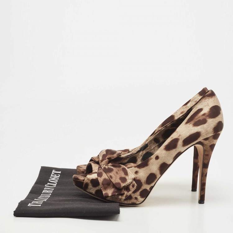Pre Owned Dolce & Gabbana Brown Animal Print Satin Bow Peep Toe Platform Pumps Size 40