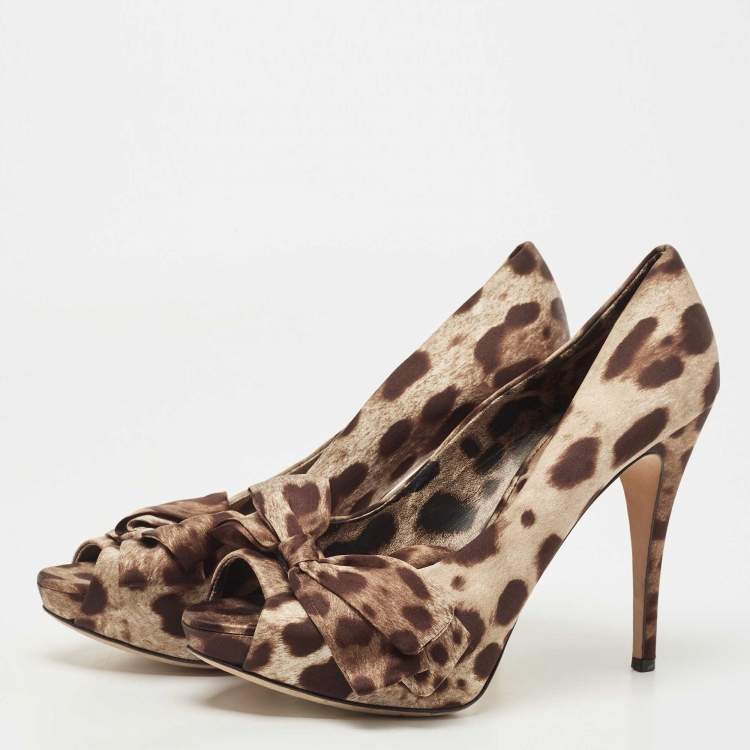 Pre Owned Dolce & Gabbana Brown Animal Print Satin Bow Peep Toe Platform Pumps Size 40