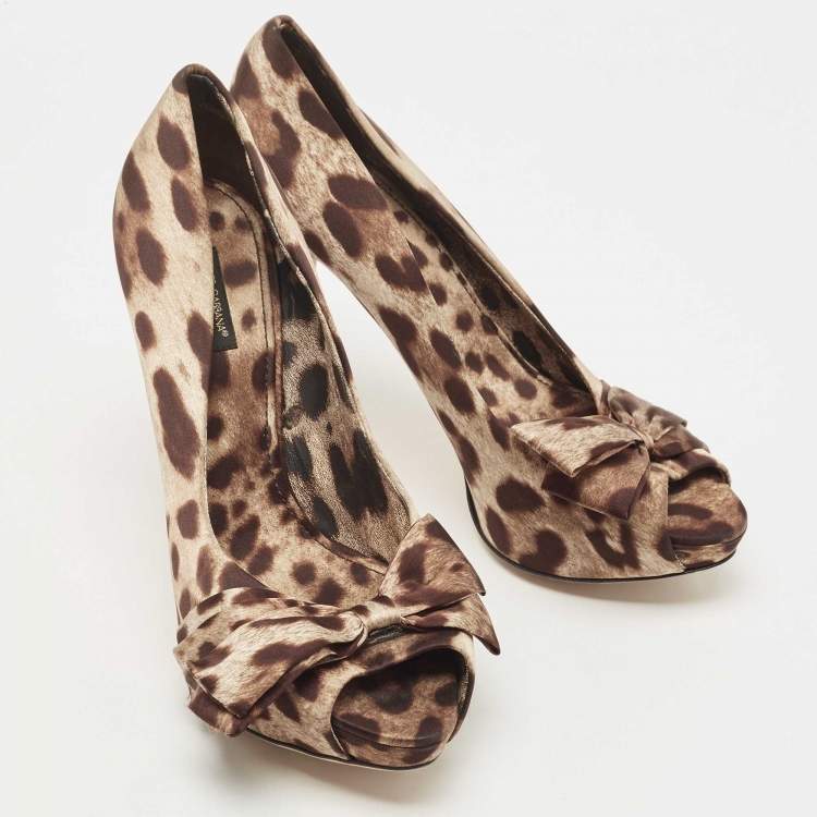 Pre Owned Dolce & Gabbana Brown Animal Print Satin Bow Peep Toe Platform Pumps Size 40
