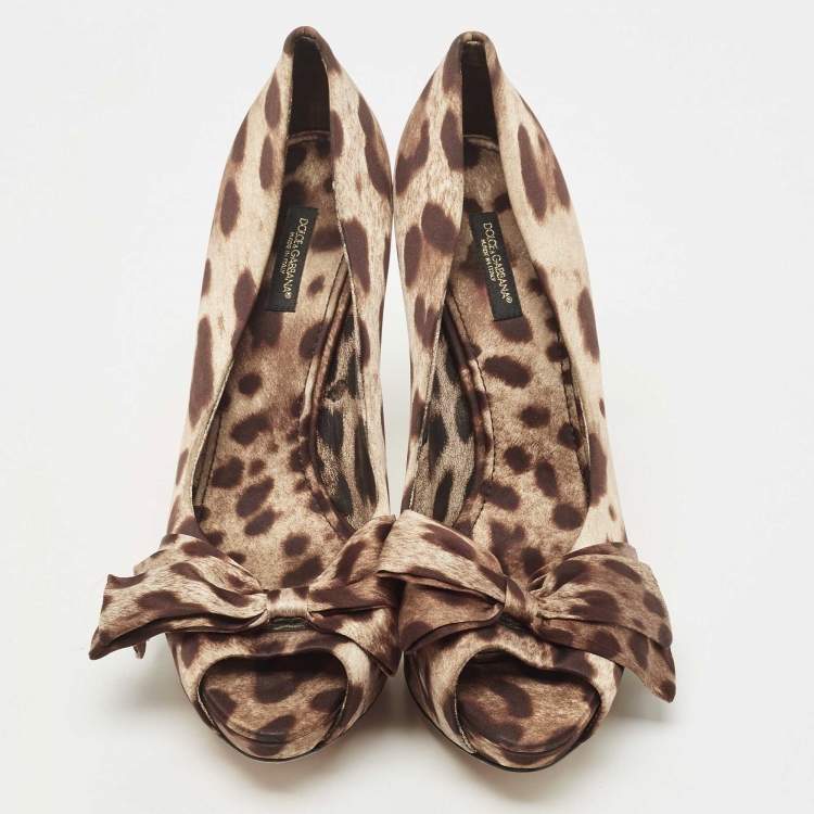 Pre Owned Dolce & Gabbana Brown Animal Print Satin Bow Peep Toe Platform Pumps Size 40