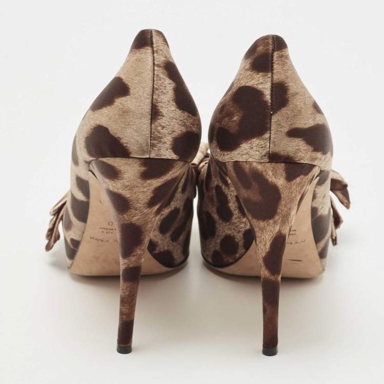 Pre Owned Dolce & Gabbana Brown Animal Print Satin Bow Peep Toe Platform Pumps Size 40