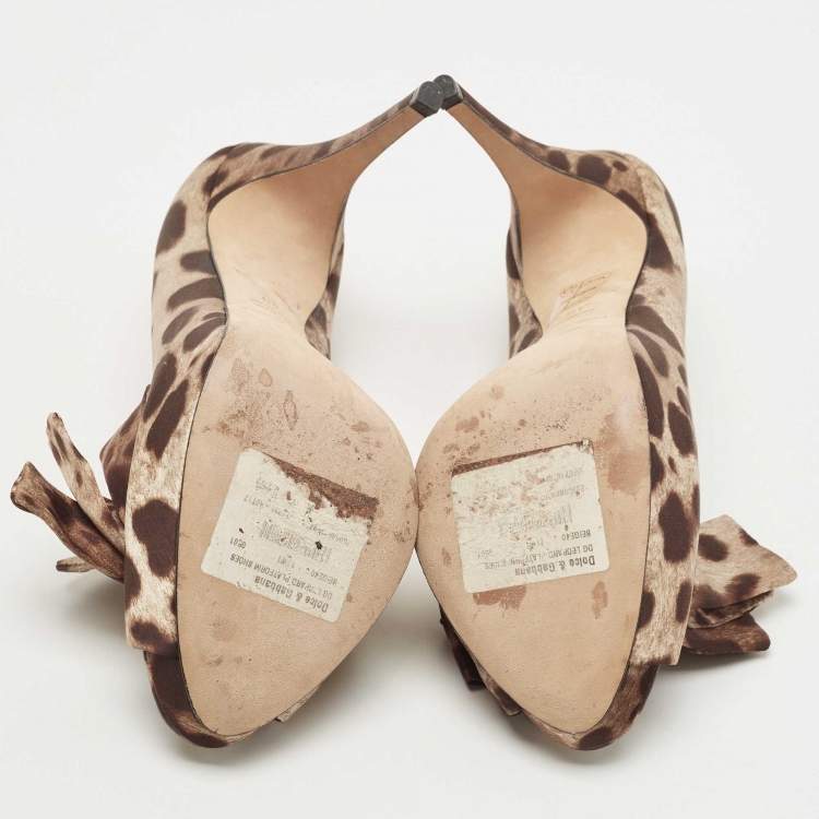 Pre Owned Dolce & Gabbana Brown Animal Print Satin Bow Peep Toe Platform Pumps Size 40