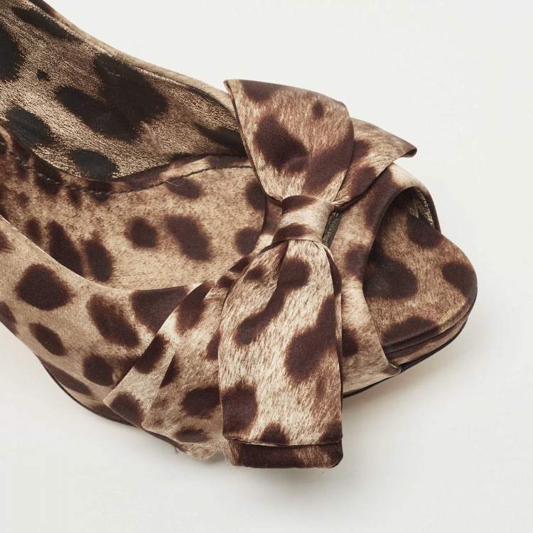 Pre Owned Dolce & Gabbana Brown Animal Print Satin Bow Peep Toe Platform Pumps Size 40