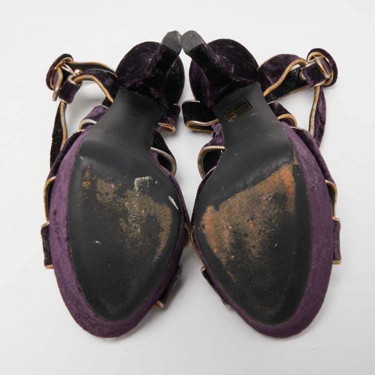Pre Owned Dolce & Gabbana Purple Velvet and Leather Ankle Strap Sandals Size 39.5