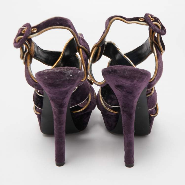 Pre Owned Dolce & Gabbana Purple Velvet and Leather Ankle Strap Sandals Size 39.5