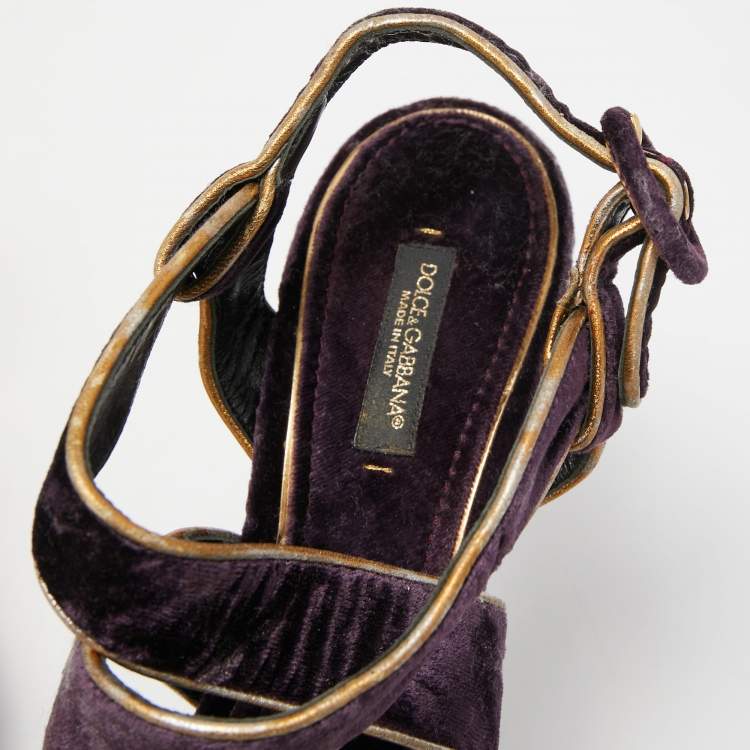 Pre Owned Dolce & Gabbana Purple Velvet and Leather Ankle Strap Sandals Size 39.5