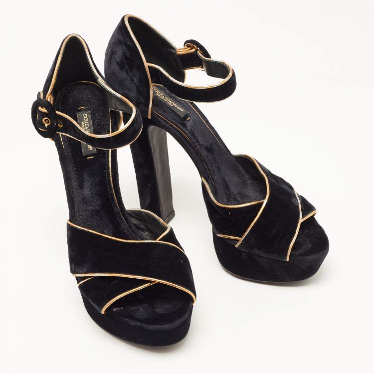 Pre Owned Dolce & Gabbana Black Velvet Criss Cross Platform Ankle Strap Sandals Size 40
