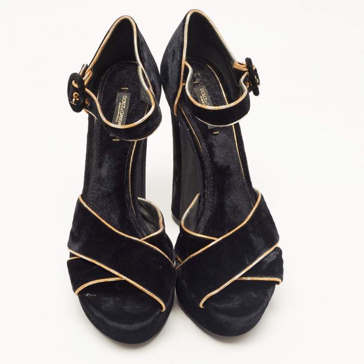 Pre Owned Dolce & Gabbana Black Velvet Criss Cross Platform Ankle Strap Sandals Size 40