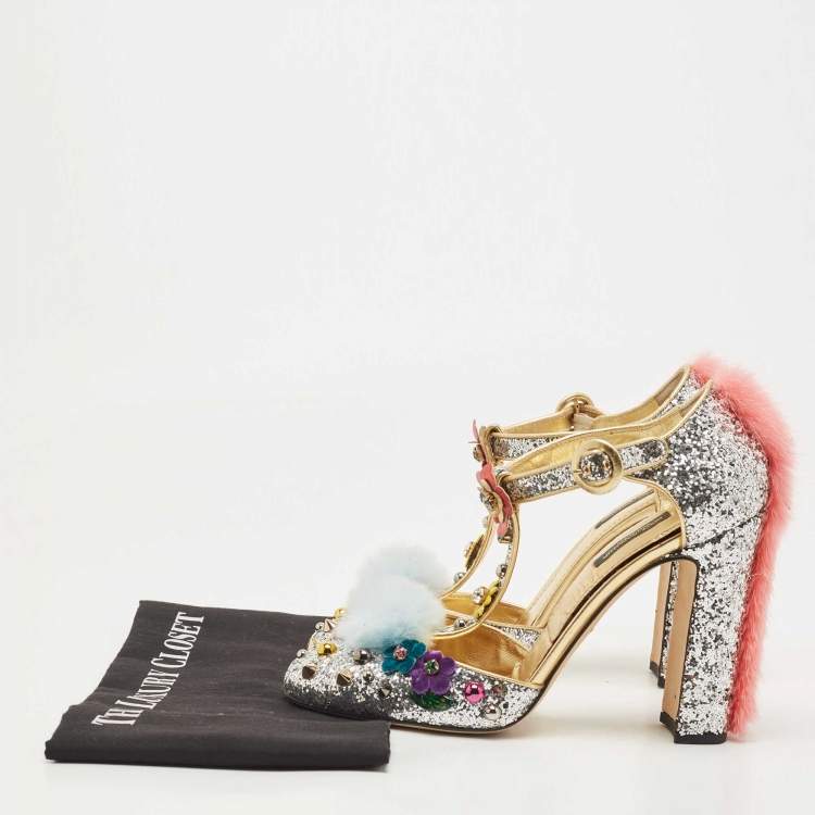 Pre Owned Dolce & Gabbana Silver Glittered and Leather Fluffy Mary Jane Sandals Size 40