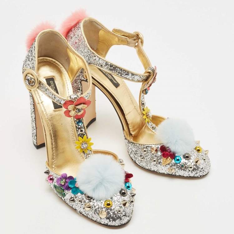 Pre Owned Dolce & Gabbana Silver Glittered and Leather Fluffy Mary Jane Sandals Size 40