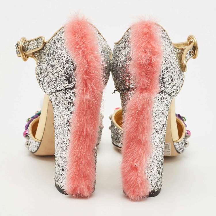 Pre Owned Dolce & Gabbana Silver Glittered and Leather Fluffy Mary Jane Sandals Size 40