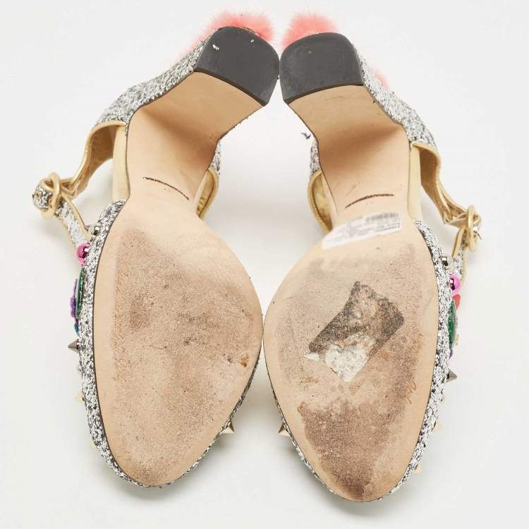 Pre Owned Dolce & Gabbana Silver Glittered and Leather Fluffy Mary Jane Sandals Size 40