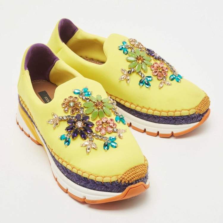 مملوكة مسبقًا Dolce & Gabbana Yellow Neoprene Barcelona Embellished Slip On Sneakers Size 38