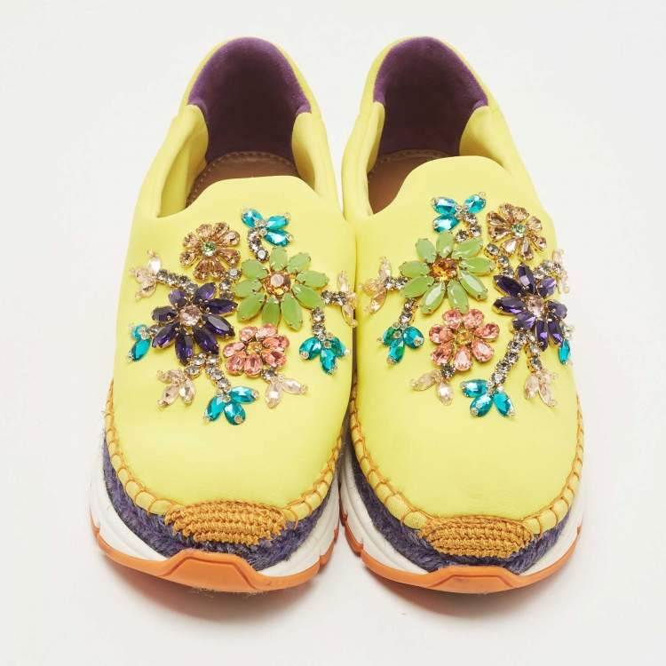 مملوكة مسبقًا Dolce & Gabbana Yellow Neoprene Barcelona Embellished Slip On Sneakers Size 38