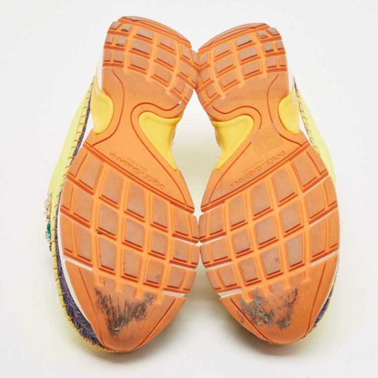 مملوكة مسبقًا Dolce & Gabbana Yellow Neoprene Barcelona Embellished Slip On Sneakers Size 38