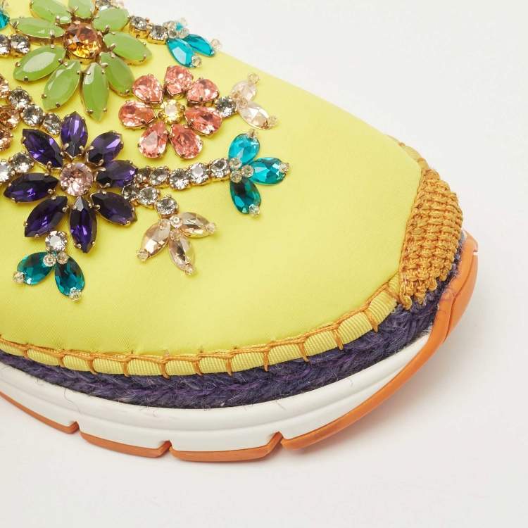 مملوكة مسبقًا Dolce & Gabbana Yellow Neoprene Barcelona Embellished Slip On Sneakers Size 38
