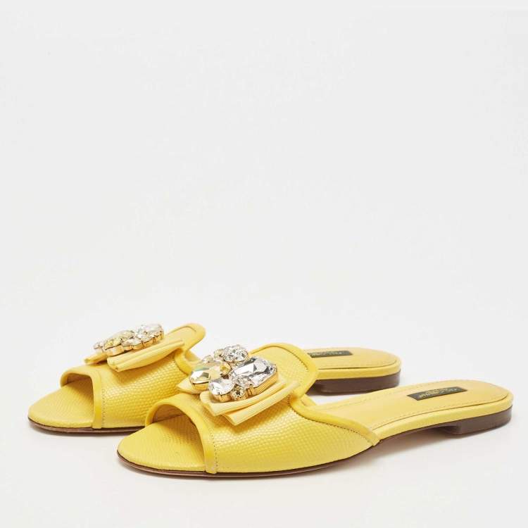 Pre Owned Dolce & Gabbana Yellow Lizard Embossed Leather Crystal Embellished Flat Slides Size 39