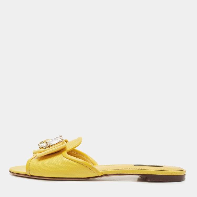 Pre Owned Dolce & Gabbana Yellow Lizard Embossed Leather Crystal Embellished Flat Slides Size 39