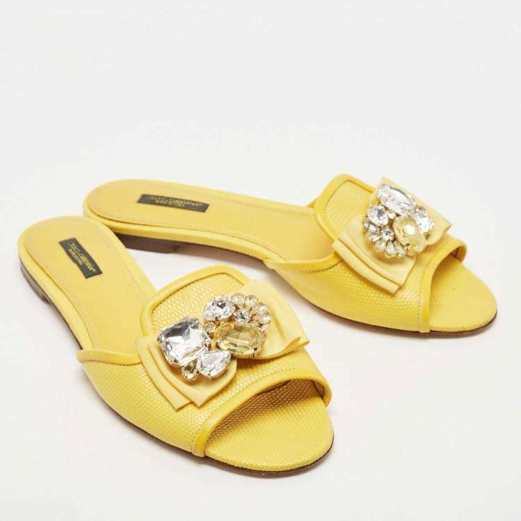 Pre Owned Dolce & Gabbana Yellow Lizard Embossed Leather Crystal Embellished Flat Slides Size 39