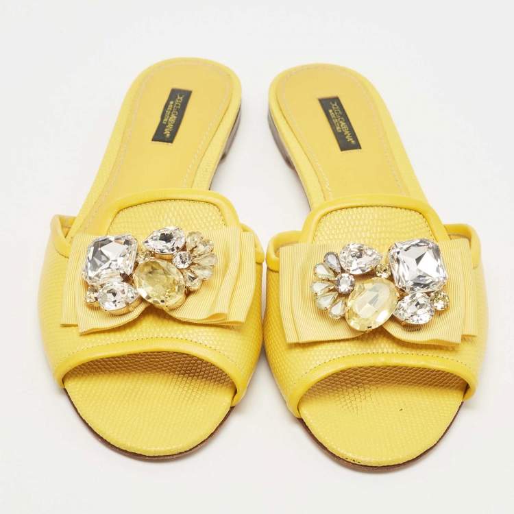 Pre Owned Dolce & Gabbana Yellow Lizard Embossed Leather Crystal Embellished Flat Slides Size 39