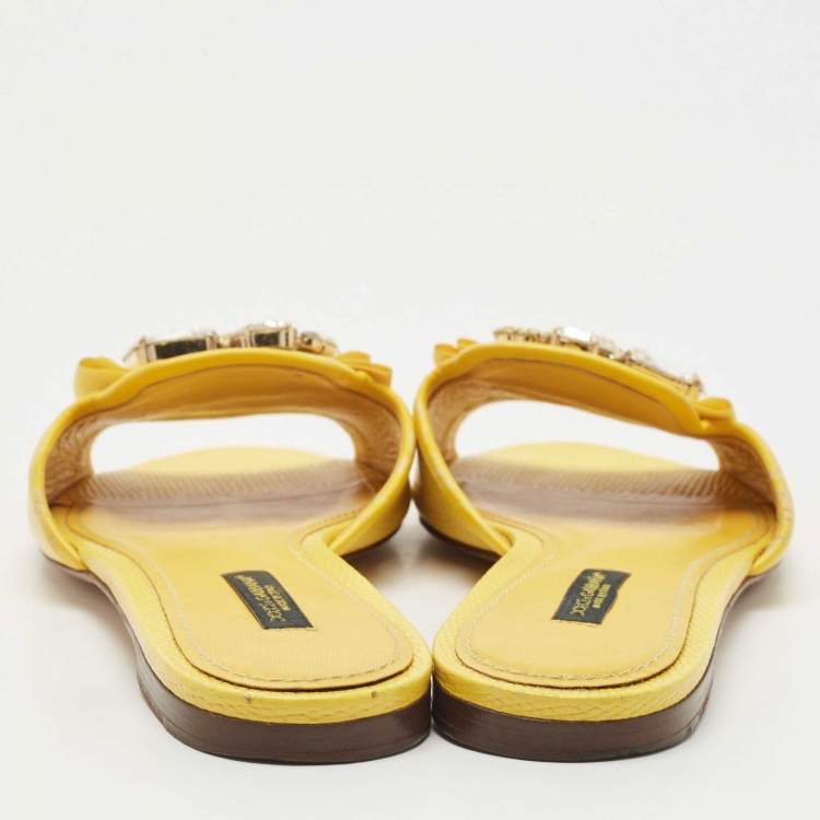 Pre Owned Dolce & Gabbana Yellow Lizard Embossed Leather Crystal Embellished Flat Slides Size 39