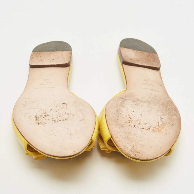 Pre Owned Dolce & Gabbana Yellow Lizard Embossed Leather Crystal Embellished Flat Slides Size 39