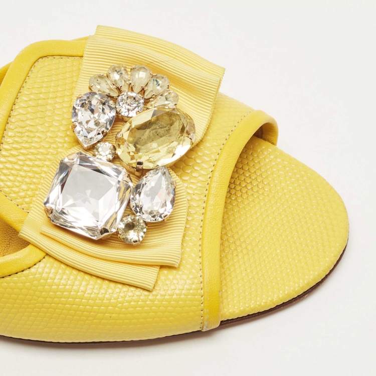 Pre Owned Dolce & Gabbana Yellow Lizard Embossed Leather Crystal Embellished Flat Slides Size 39