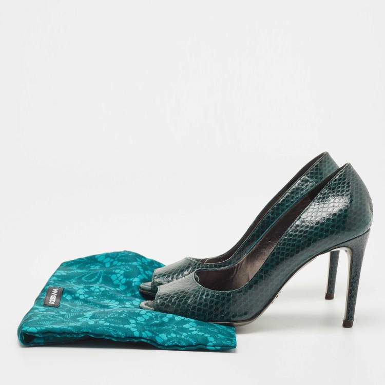 Pre Owned Dolce & Gabbana Green Snakeskin Leather Peep Toe Pumps Size 36