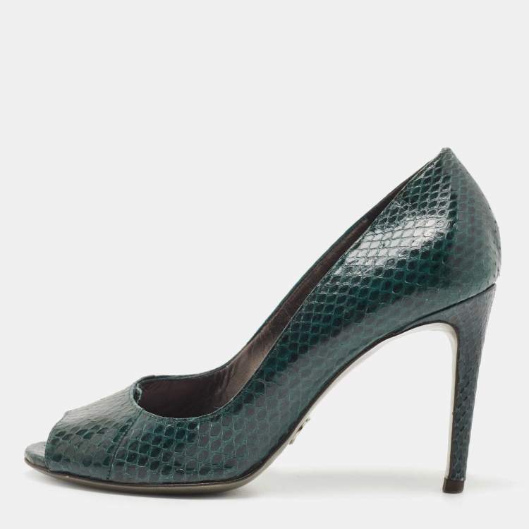 Pre Owned Dolce & Gabbana Green Snakeskin Leather Peep Toe Pumps Size 36
