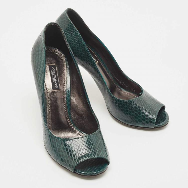 Pre Owned Dolce & Gabbana Green Snakeskin Leather Peep Toe Pumps Size 36