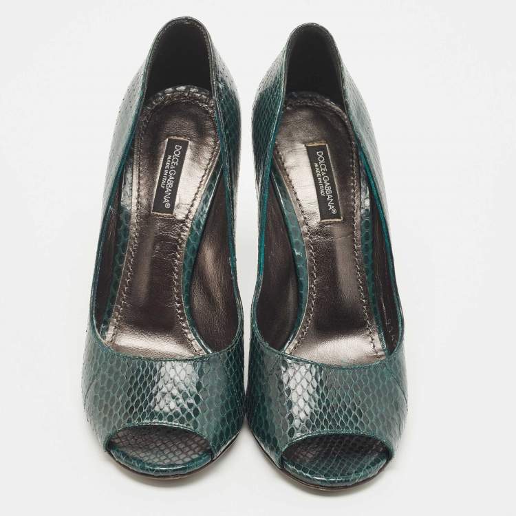 Pre Owned Dolce & Gabbana Green Snakeskin Leather Peep Toe Pumps Size 36