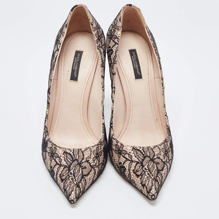 Pre Owned Dolce & Gabbana Black/Beige Floral Lace Pointed Toe Pumps Size 40