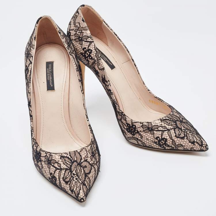 Pre Owned Dolce & Gabbana Black/Beige Floral Lace Pointed Toe Pumps Size 40