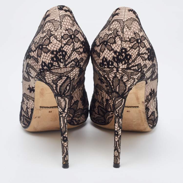 Pre Owned Dolce & Gabbana Black/Beige Floral Lace Pointed Toe Pumps Size 40