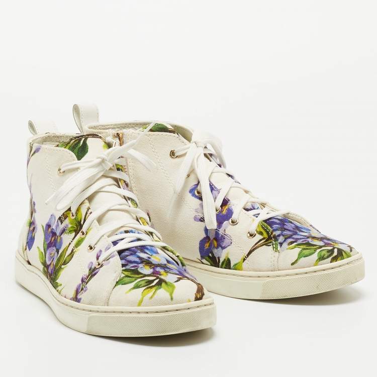 Pre Owned Dolce & Gabbana White Floral Print Canvas High Top Sneakers Size 37.5